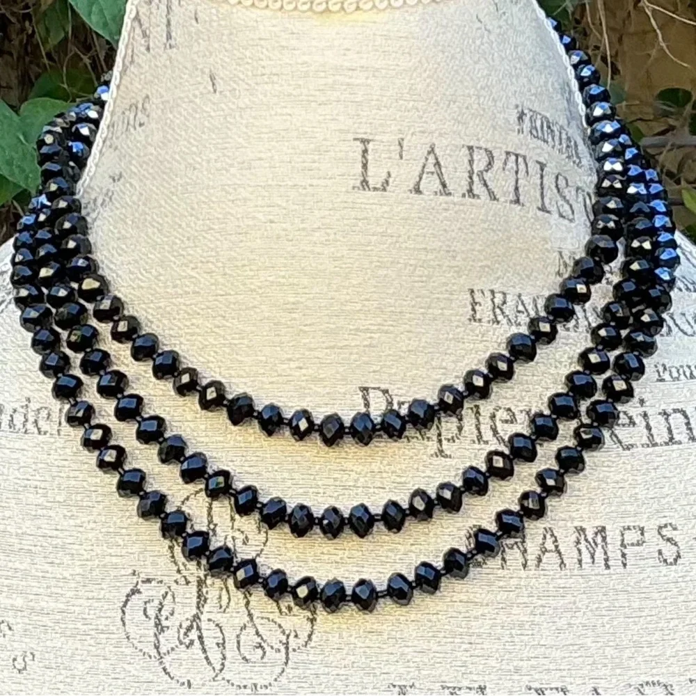 Flapper Long 60” Crystal 1920’s Look Necklace Like Onyx Jet Double / Triple It